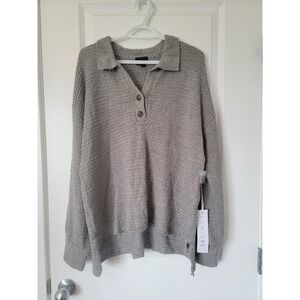Lumiere‎ Womens Popcorn Knit Polo Sweater Gray Long Sleeve Button Collar Large